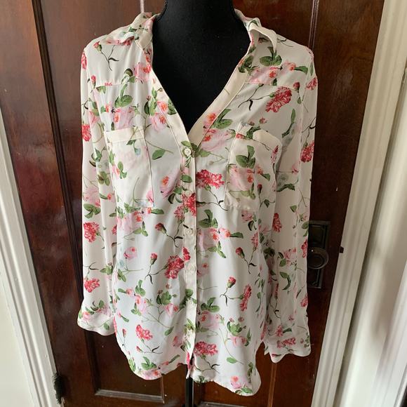 Express White Chiffon Collared Button Down White Floral Shirt LARGE Roll Tab - Picture 11 of 16